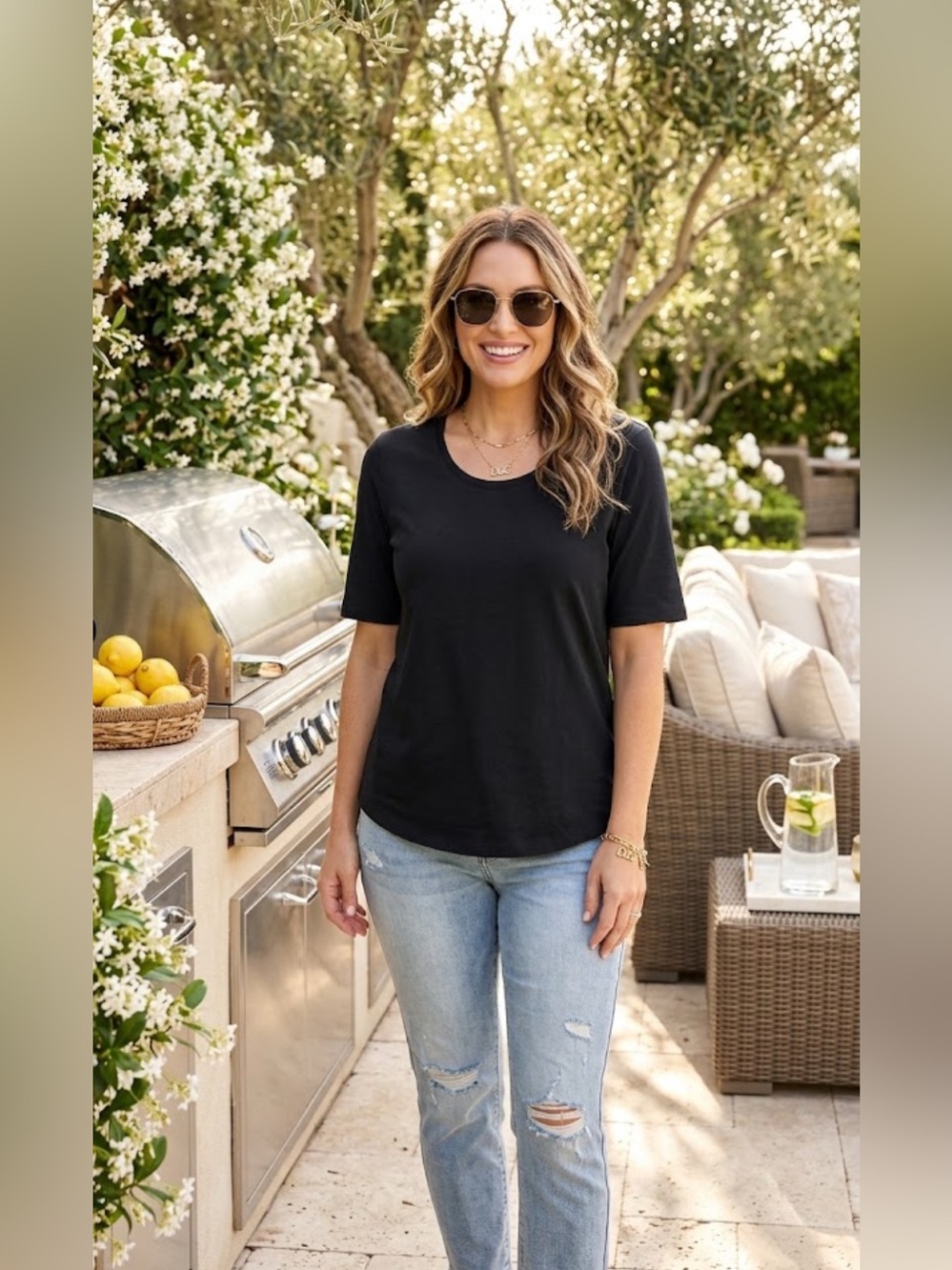 SIZE M Denim & Co.® Women's Black T-Shirt Cotton Spandex